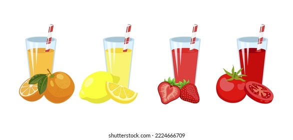 Fruit lemonade vector set. Cartoon illustrations of glasses filled with bright fruit lemonade and whole fruit in front of it isolated on white background. Drink, beverage concept.