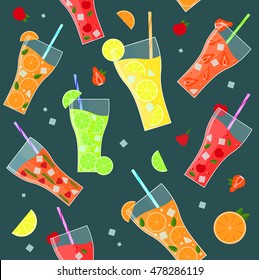 Fruit Lemonades Summer Drinks Background Pattern. Vector illustration