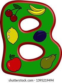 Fruit letter   B for website design about summer, summer fruit sales, for children's channels, cooking. White background. Vector illustration.