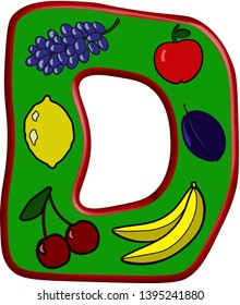 Fruit letter D for website design about summer, summer fruit sales, for children's channels, cooking. White background. Vector illustration.