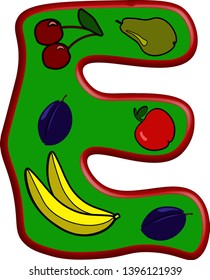 Fruit letter E for website design about summer, summer fruit sales, for children's channels, cooking. White background. Vector illustration.