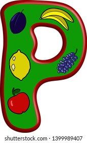 Fruit letter P for website design about summer, summer fruit sales, for children's channels, cooking. White background. Vector illustration.