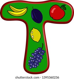 Fruit letter T for website design about summer, summer fruit sales, for children's channels, cooking. 