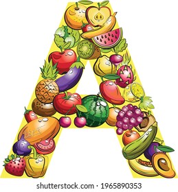 Fruit letters. Collage of colored fruits and vegetables on the letter of the alphabet