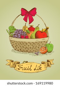 Fruit life gift basket with bow emblem vector illustration