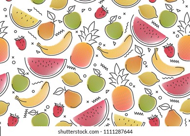 fruit light summer pattern, different stylized fruits on white background with lines, minimal