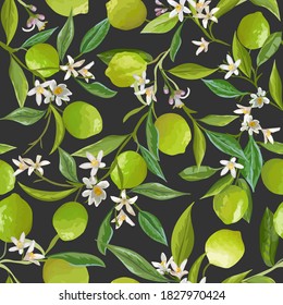 Fruit Lime Floral Seamless Pattern, Vector Citrus Fruits, Flowers, Leaves, Limes Branches Texture. Watercolor Style Lemons. Vintage Lemon Background for Print, Wedding, Backdrop, Wallpaper, Design