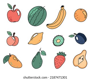 Fruit line art doodle style food flat isolated concept set collection. Vector design graphic element illustration
