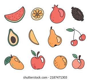 Fruit line art doodle style food flat isolated concept set collection. Vector design graphic element illustration
