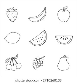 Fruit Line Art Grid 9 Schwarz-Weiß-Illustrationen