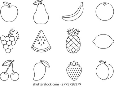 Fruit line art icon collection in black white style for coloring projects
