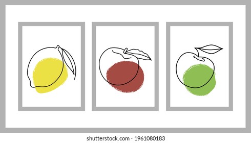 Fruit in line art style. Design for greeting cards, covers, prints, wall decor and fabrics. Apple, peach and lemon. Vector.