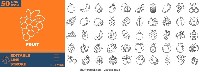 Fruit Line Editable Icons set. Vector illustration in modern thin line style of fruit icons: Peach, Strawberry, Kiwi, etc