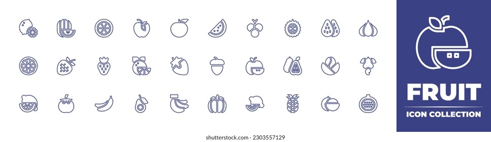 Fruit line icon collection. Editable stroke. Vector illustration. Containing lemon, watermelon, lime, apple, grape, durian, almonds, garlic, orange, strawberry, acorn, guava, coffee bean, cashew.