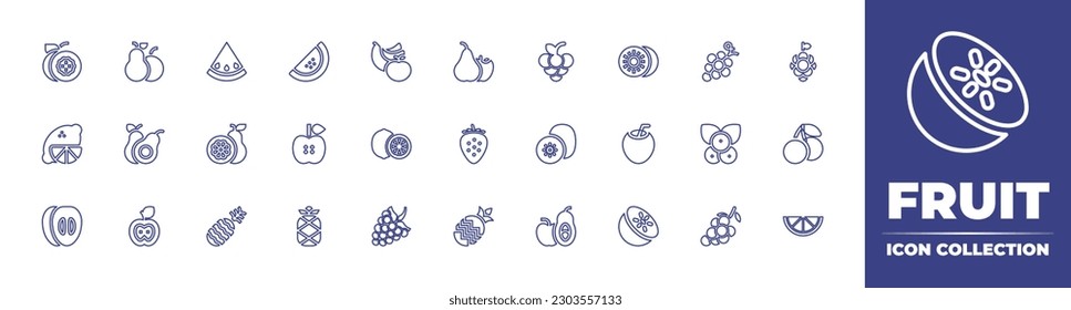 Fruit line icon collection. Editable stroke. Vector illustration. Containing passion fruit, fruits, watermelon, fruit, grapes, kiwi, grape, lime, avocado, lemon, strawberries, coconut drink, berries.