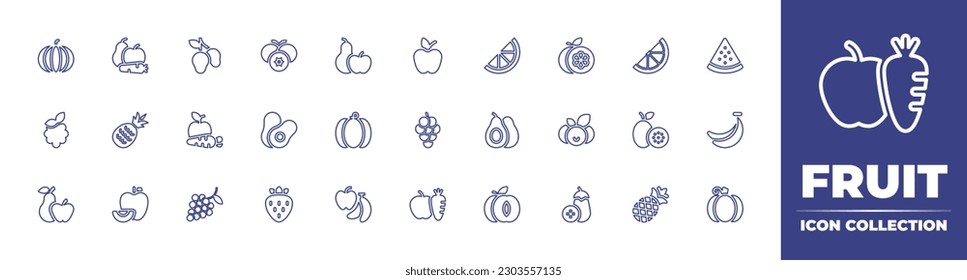 Colección de iconos de línea de fruta. Trazo editable. Ilustración vectorial. Con calabaza, comida saludable, mango, arándano, fruta, manzana, pomelo, tajada de limón, sandía, frambuesa, piña, aguacate.