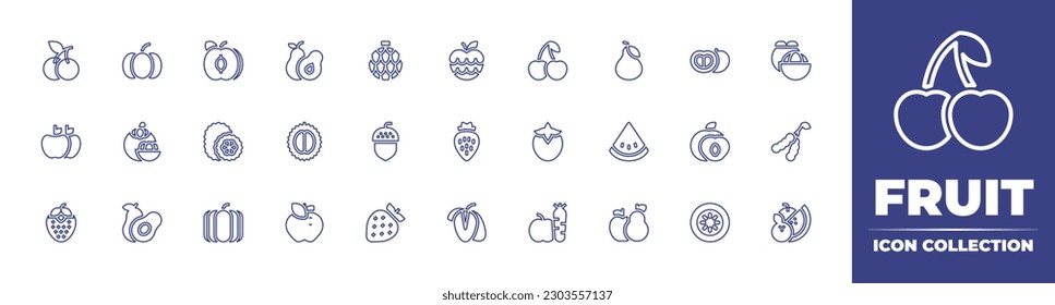 Fruit line icon collection. Editable stroke. Vector illustration. Containing cherries, pumpkin, apricot, avocado, annona montana, custard apple, cherry, pear, tomato, mangosteen, apples, kiwano.