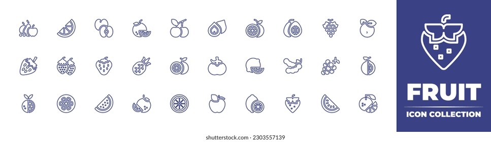 Fruit line icon collection. Editable stroke. Vector illustration. Containing fruits, orange, peach, cherry, macadamia nut, pomelo, grapes, strawberry, pineapple, tomato, lime, tamarind, passion fruit.