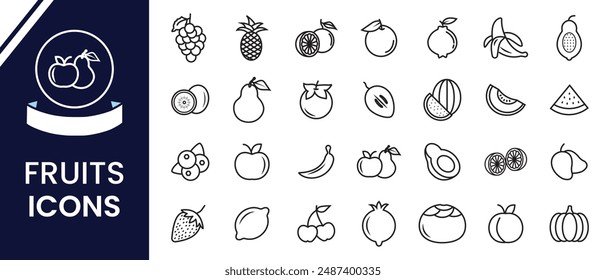 Fruit line icon isolated on white background. Fruits line icon, vector, silhouette. Outline of fruits vector. Line icon of apple, banana, grapes, pears, lemon, watermelon, mango, pineapple, avocado.