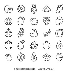 Icono de línea de fruta aislado de comida tropical. Dibujo lineal sano de contorno manzana de cereza de cereza de uva de uva símbolo de vector ilustración