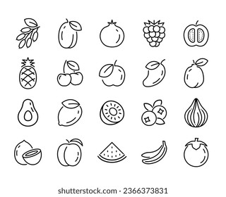 Fruit line icon isolated tropical food. Linear healthy outline apple grape cherry stroke sign vector illustration