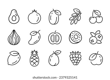 Fruit line icon isolated tropical food. Linear healthy outline apple grape cherry stroke sign vector illustration