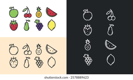 fruit line icon set, apple, strawberry, pineapple, grape, watermelon, lemon, pear, cherry, color, black and white variations