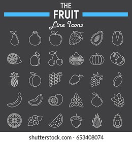 Fruit line icon set, food symbols collection, vegetarian vector sketches, logo illustrations, linear pictograms package isolated on black background, eps 10.