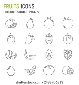 Conjunto de iconos de línea de fruta, colección de frutas, gráficos de Vector, ilustraciones de logotipos, iconos de vectores de frutas, signos de frutas tropicales, pictogramas de contorno, trazo editable