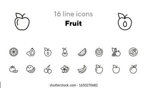 Fruit line icon set. Set of line icons on white background. Food concept. Banana, orange, apple. Vector illustration can be used for topics like fresh market, eco, vegetarian