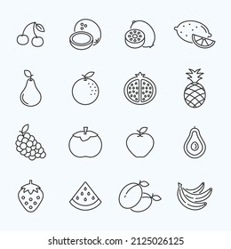 Fruit line icon set. Strawberry food vector apple orange kiwi banana stroke icon. Avocado grape watermelon pineapple fruit symbol