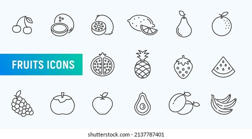 Fruit line icon set. Strawberry food vector apple orange kiwi banana stroke icon. Avocado grape watermelon pineapple fruit symbol