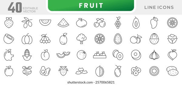 Fruit line icon set. Strawberry blueberry watermelon, peach pear. Banana, pomegranate, lemon, raspberry, papaya, vegetarian, Pilgrim, pumpkin line icon set. UI thin line icon pack.