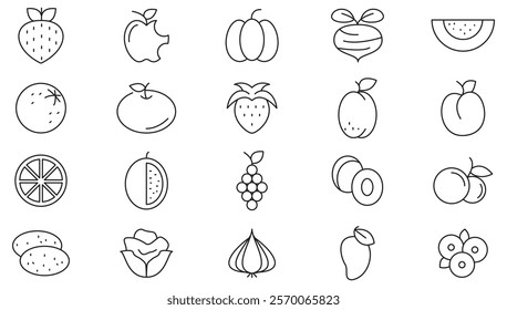 Fruit line icon set. Strawberry blueberry watermelon, peach pear. Banana, pomegranate, lemon, raspberry, papaya, vegetarian, Pilgrim, pumpkin line icon set. UI thin line icon pack.