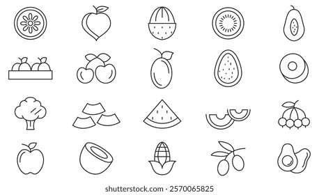 Fruit line icon set. Strawberry blueberry watermelon, peach pear. Banana, pomegranate, lemon, raspberry, papaya, vegetarian, Pilgrim, pumpkin line icon set. UI thin line icon pack.