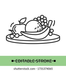 Fruit line icon.Fresh apple,orange,cherry and bunch of grapes on a wooden board.Isolated linear vector food illustration.Editable stroke
