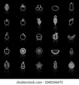Fruit line icons with reflect on black background, stock vector
