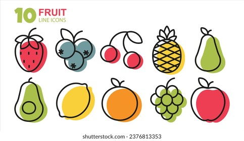 Fruit line icons set. Apple, orange, cherry, lemon, grapes, pear, blueberry, avocado, strawberry, pineapple isolated on white background.