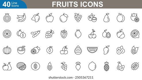 Conjunto de iconos de línea de fruta. Mango, manzana, plátano, naranja, fresa, uvas, sandía, piña, cereza, limón y más. Ilustración vectorial.