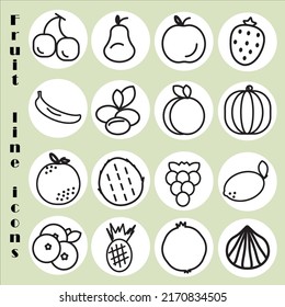 Iconos de la línea de fruta establecidos en las etiquetas blancas. Concepto de dieta de fruta saludable. Salud y beneficios. Ilustración vectorial.Los contornos negros sobre el blanco.