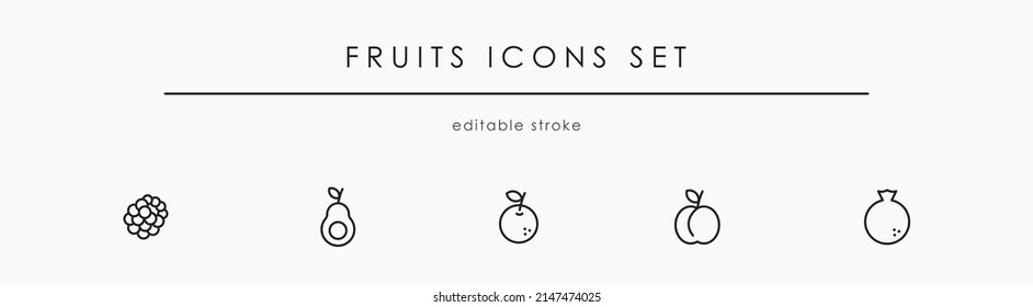 Fruit line icons set. Raspberry, avocado, mandarin, peach, and pomegranate line vector icons collection