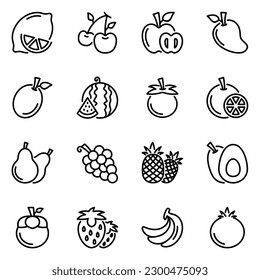 fruit line icons set. tropic, stroke, lined, vitamin, outline, vegetarian, health, nutrition, grape, juice, illustration, lime, pear, strawberry, apple, tropical