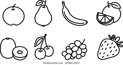 Fruit line icons, vector file. Apple, pear, banana, orange, kiwi, cherry, grape, strawberry