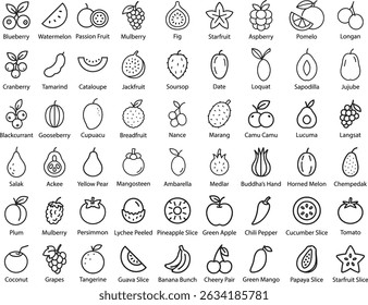 Conjunto de Ilustración vectorial de iconos de línea de fruta sobre fondo blanco.