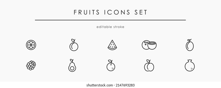 Fruit line illustration set. Orange, watermelon, avocado, peach, and more. Linear fruit icon set