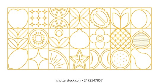 Fruit line modern geometric pattern background with berry food and abstract star shapes. Square tiles with outline apple, orange, pineapple, lemon and kiwi, durian, plum and pomegranate pattern