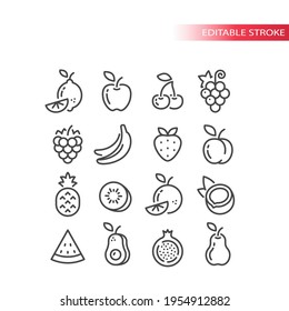 Fruit line vector icon set. Apple, banana, lemon, pineapple outline fruits, editable stroke.