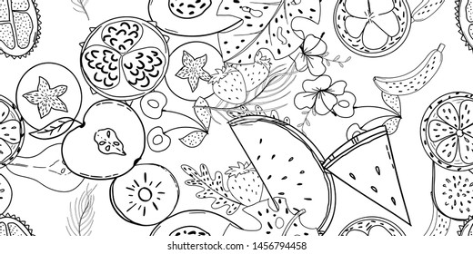 fruit line white and black pattern. Tropical fruits home textile design background