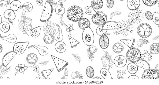 fruit line white and black pattern. Tropical fruits home textile design background