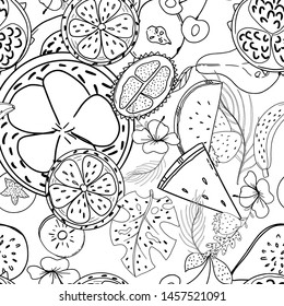 fruit line white and black pattern. Tropical fruits home textile design background